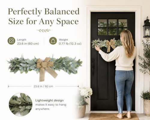 24-Inch Artificial Lambs Ear Swag with Burlap Bow, Farmhouse Door Topper