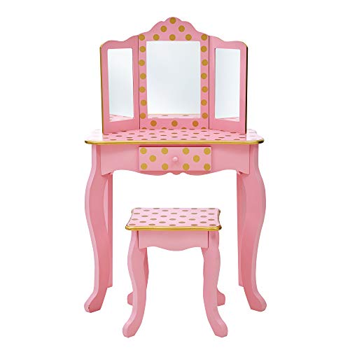 Kids Wooden Vanity Table and Chair Set with Tri-Fold Mirror and Drawer