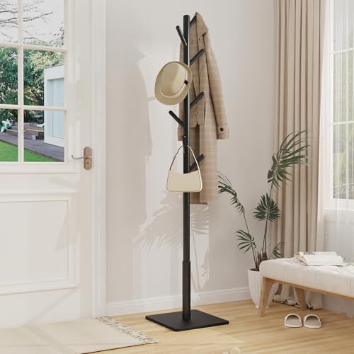 Freestanding Wooden Coat Rack with 8 Hooks and Stable Square Base