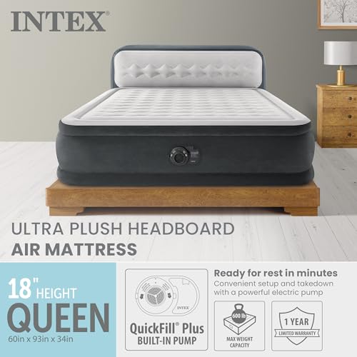 Queen Air Mattress with Built-In Pump & Headboard, 18" Elevated Bed