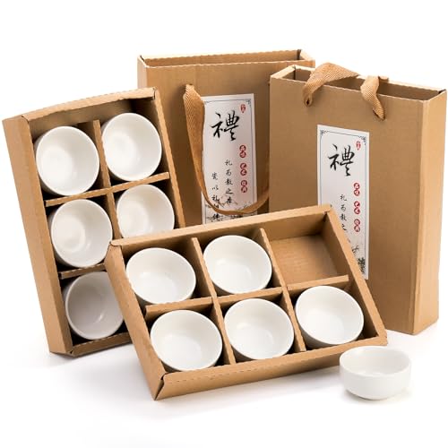 Foraineam Ceramic Sake Tea Cups Set of 12, 2.4 x 1.2 Inch, 45ml Small Pottery Cups with Gift Box - White, Durable, Microwave & Dishwasher Safe