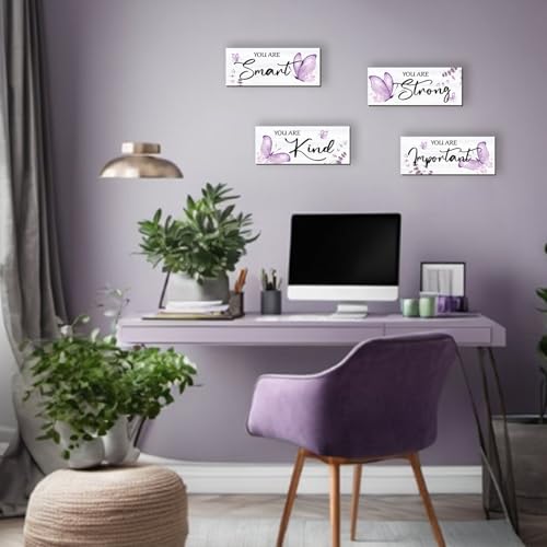 4-Piece Purple Butterfly Wooden Wall Decor with Inspirational Quotes