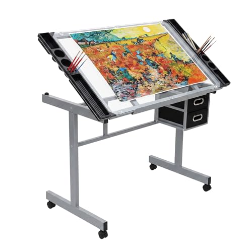 Adjustable Glass Drafting Table with Wheels, Drawers and Storage Trays