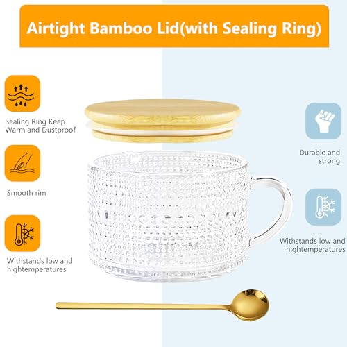 Icesip Hobnail Glass Mugs Set of 6 with Bamboo Lids & Spoons - 14oz, Sunflower & Hobnail Design
