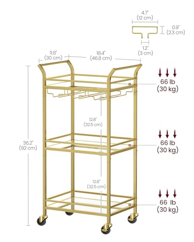 3-Tier Gold Rolling Bar Cart with Mirrored Glass Shelves and Wine Glass Racks