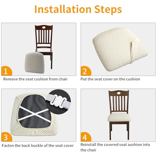 Stretch Dining Chair Seat Covers - 6 Pack Washable Cushion Slipcovers, Beige