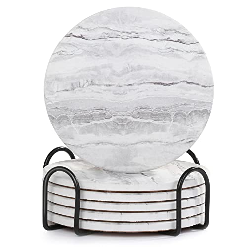 Absorbent Ceramic Drink Coasters with Holder - Set of 6, Marble Style