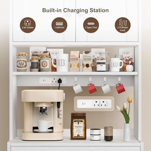 71" Tall Kitchen Pantry Cabinet with Microwave Stand, LED Lights & Charging