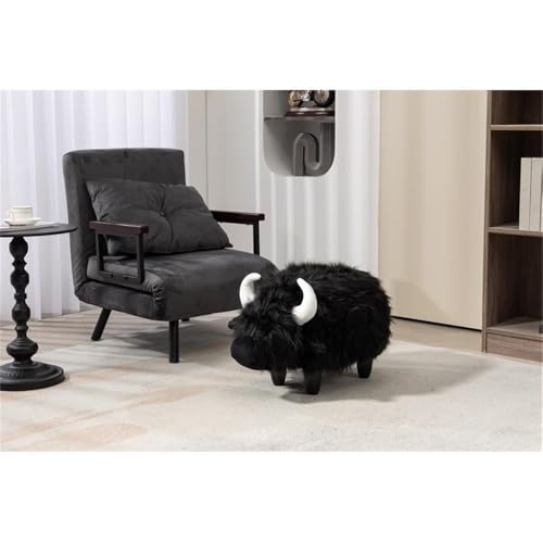Black Faux Fur Animal Storage Ottoman with Wood Frame