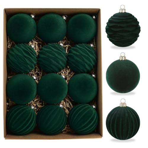 Rzoukler Green Velvet Christmas Ornaments Set 12pcs - 3.15 Inch Holiday Decor