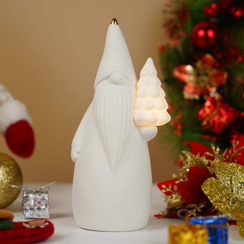 Lighted White Ceramic Christmas Gnome Figurine with Timer, 7.5-Inch