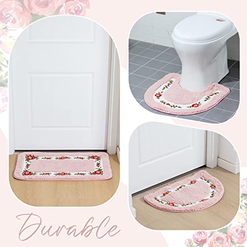 4-Piece Pink Floral Bathroom Rug Set - Non-Slip Absorbent Flower Bath Mats