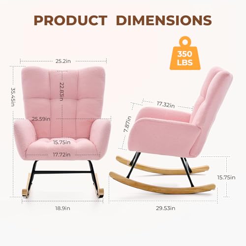 Teddy Upholstered Nursery Rocking Chair - High Back Glider Rocker, Pink