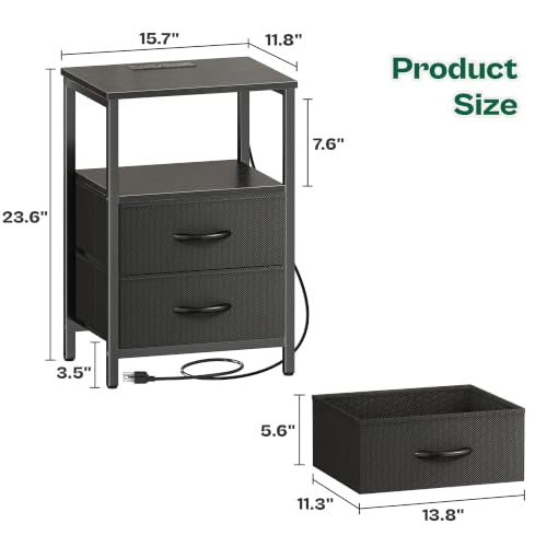 2-Drawer Nightstand with Charging Station and LED Lights, Bedside Table