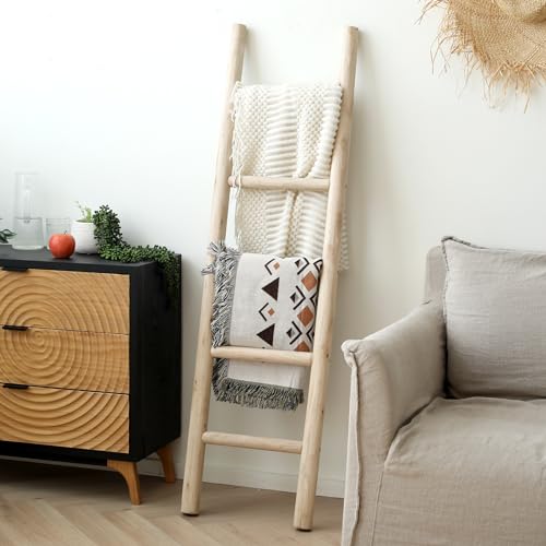 57-Inch Rustic Solid Wood Blanket Ladder for Farmhouse Home Decor