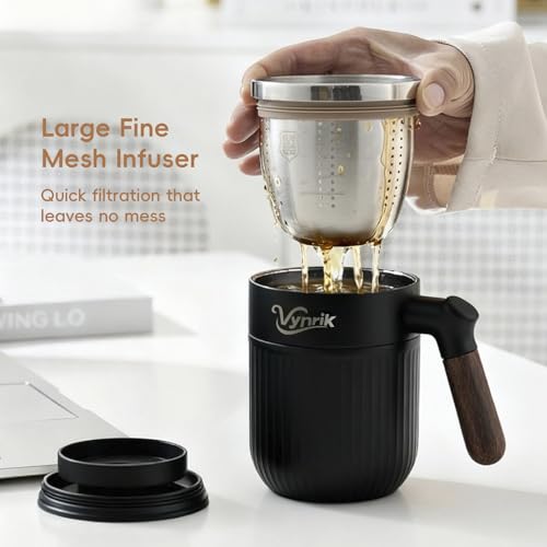 Vynrik Black 15oz Insulated Tea Infuser Mug with Stainless Steel Strainer & Lid