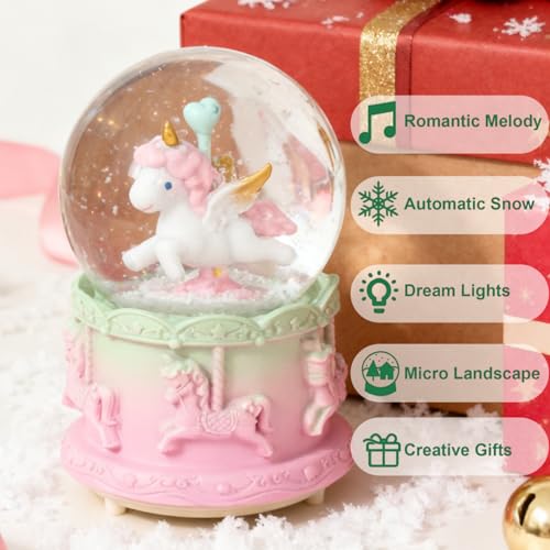 Unicorn Music Snow Globe with LED Lights and Automatic Snowfall Effect