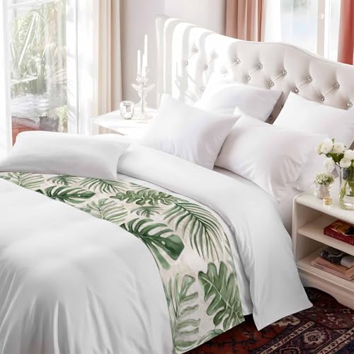 Green Monstera Deliciosa Bed Runner Scarf - Cal King Tropical Bed Throw