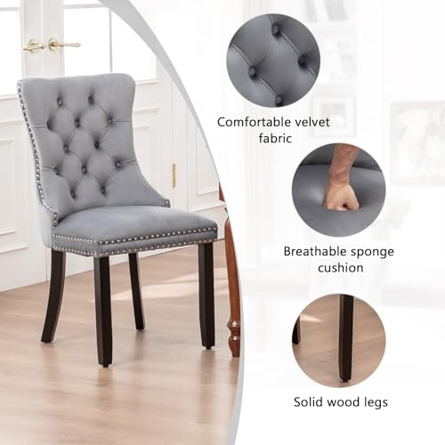 Velvet Upholstered Dining Chairs with Button Back, Set of 4, Grey