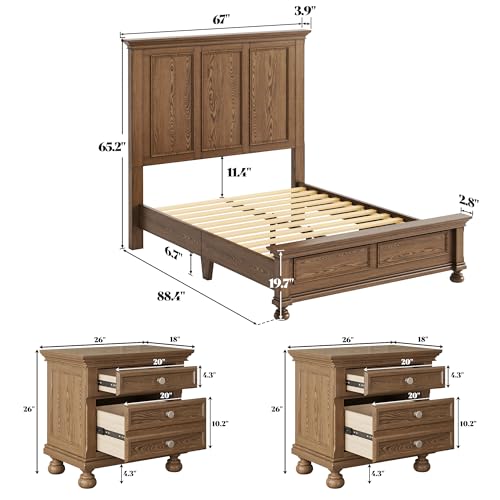 3-Piece Solid Wood Queen Bedroom Set with Bed Frame and 2 Nightstands
