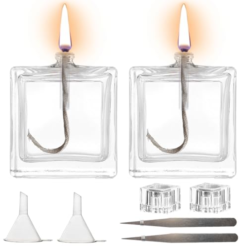 Refillable Clear Glass Oil Lamps (2 Pack) - Small Liquid Candles with Wick