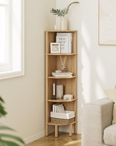 5-Tier Oak Corner Bookshelf, Space-Saving Display Storage Rack