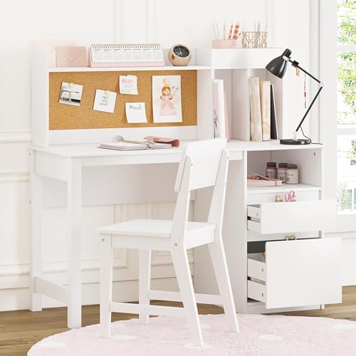 Kids Study Desk and Chair Set with Hutch, Bulletin Board, and Storage