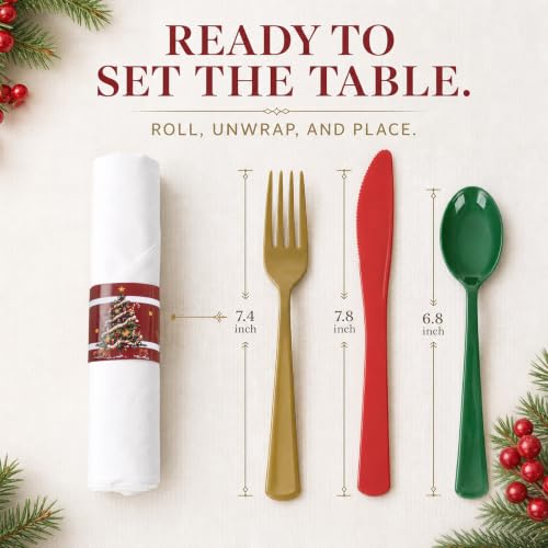 Christmas Silverware and Napkin Set - 100 Pack Wrapped Plastic Cutlery with Napkins