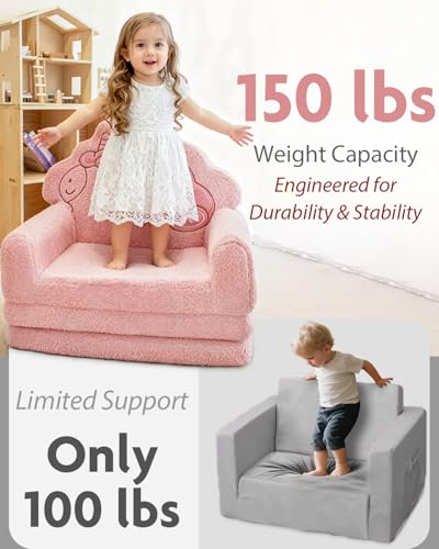 2-in-1 Fold Out Kids Couch, Pink Unicorn Toddler Lounger Chair