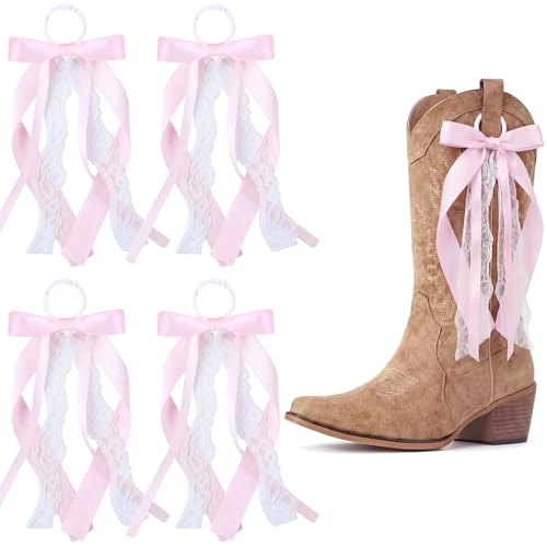 Pink Ribbon Boot Bows for Cowgirl Boots - 4 Pack Removable Lace Accessories