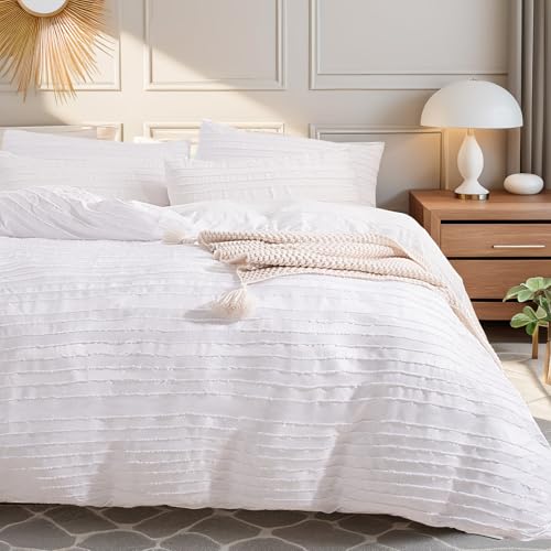 Boho Tufted Duvet Cover Set Queen Size - Soft 3-Piece Microfiber Bedding