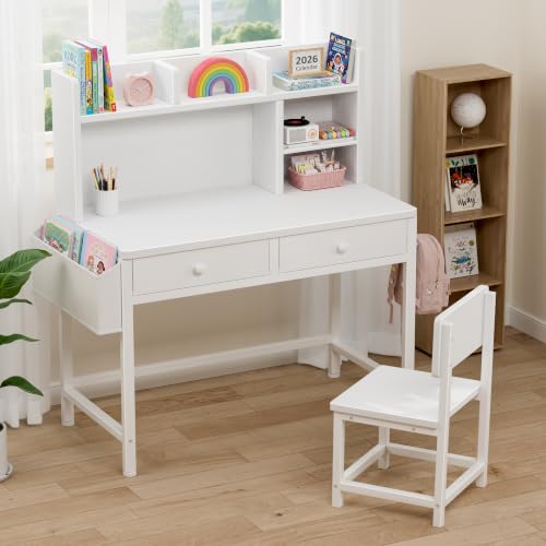 Kids Study Desk and Chair Set with Hutch and Fabric Storage Drawers