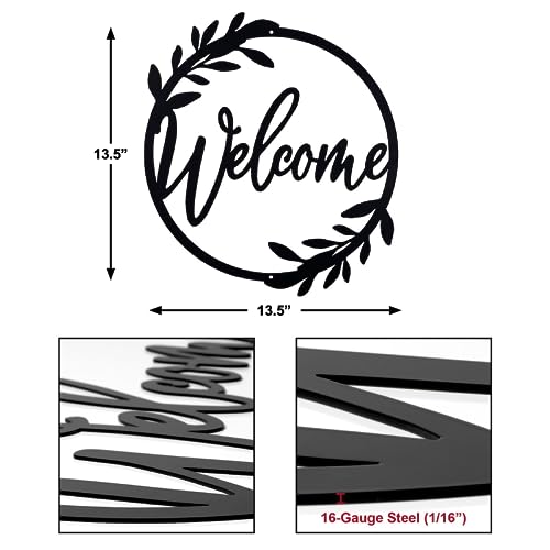 13.5-Inch Metal Welcome Sign - Round Black Wreath Wall Decor for Front Door