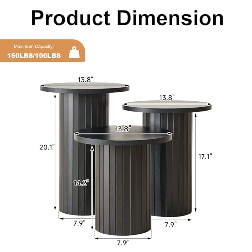 3-Piece Modern Nesting Coffee Table Set with Fluted Drum Base, Black
