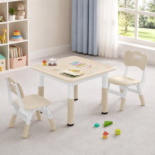 CuFun 23.6L x 23.6W x 23.6H Natural Kids Adjustable Table & Chairs Set for Ages 2-8