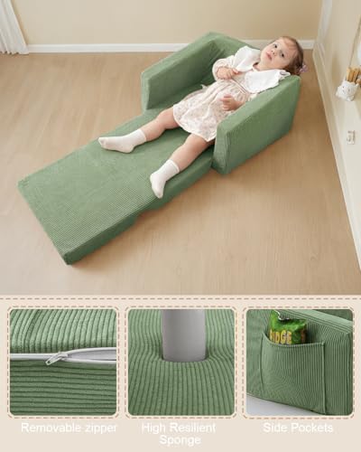 2-in-1 Fold-Out Kids Sofa Chair - Cozy Corduroy Convertible Couch, Green
