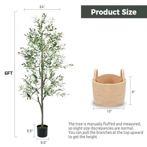 6FT Artificial Olive Tree with Woven Basket - Realistic Faux Plant