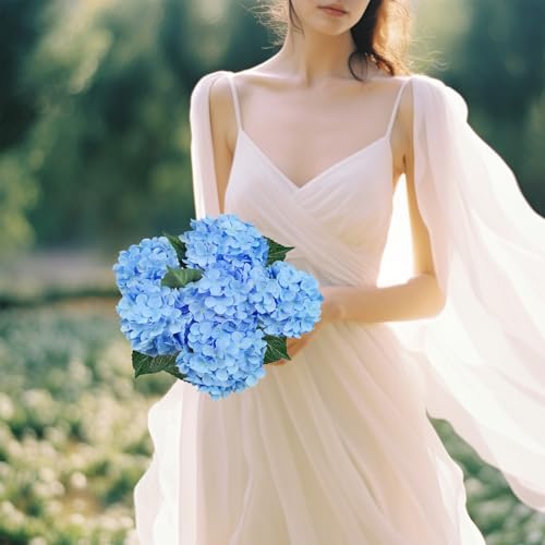 6 Pcs Blue Silk Hydrangea Artificial Flowers with Stems for Home & Wedding Decor
