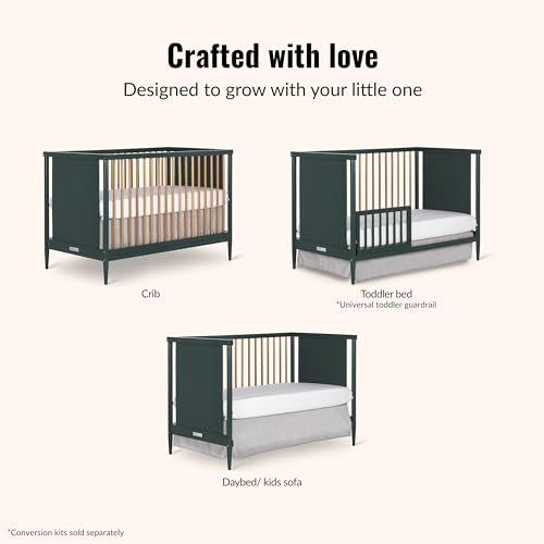 Dream On Me Clover 4-in-1 Convertible Baby Crib in Olive, Modern Nursery Furniture