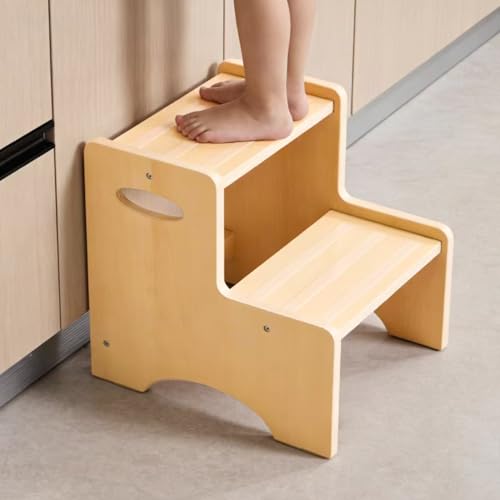 Wooden Two-Step Stool for Toddlers with Non-Slip Pads & Handles