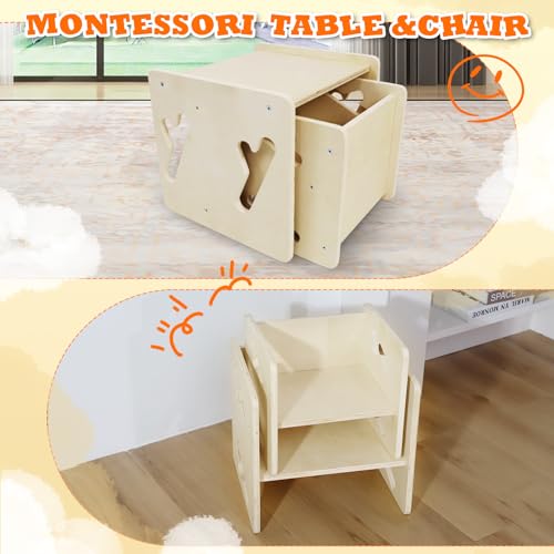 Montessori Toddler Table and Chair Set - Solid Wood, 1 Chair & 1 Table, Safe & Space-Saving