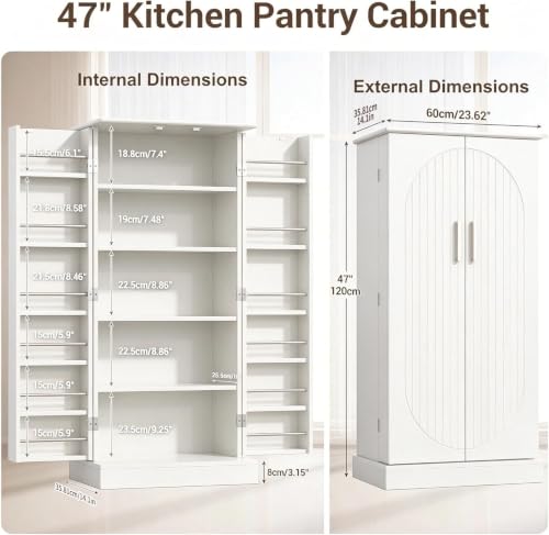 47-Inch Freestanding Kitchen Pantry Cabinet with Adjustable Shelves - White