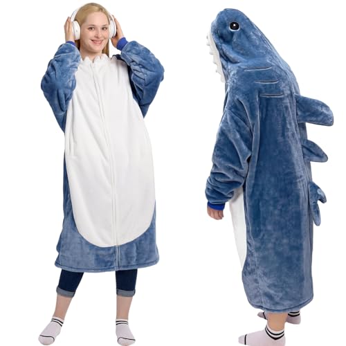Shark Wearable Blanket Hoodie, Zippered Plush Shark Costume for Adults