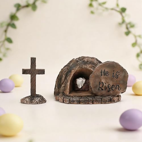 Resin Empty Tomb and Cross Easter Nativity Set - He Is Risen Tabletop Decor