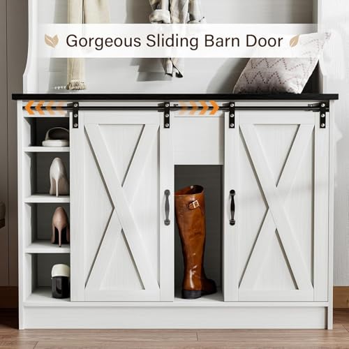 Farmhouse Hall Tree with Shoe Storage Bench and Sliding Barn Door Cabinet
