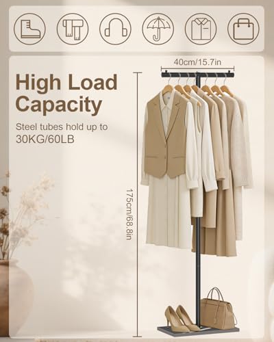 T-Shaped Freestanding Metal Garment Rack with Natural Stone Base