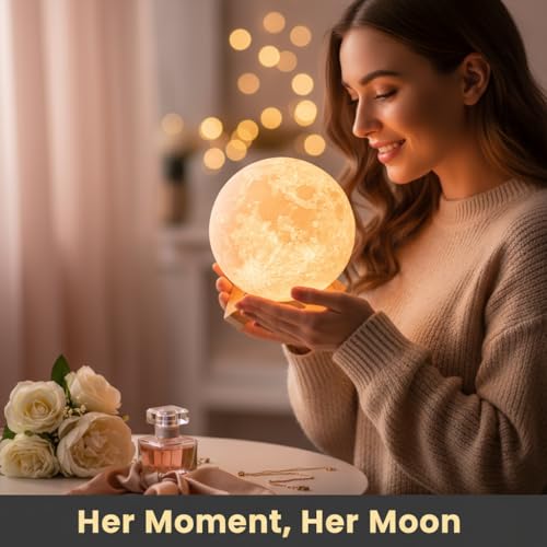 3D Printed Moon Lamp Night Light with Wooden Base, Rechargeable Touch Lamp