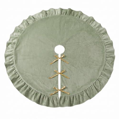 60-Inch Sage Green Velvet Christmas Tree Skirt with Bows & Ruffled Edge