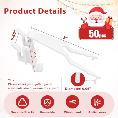 50Pcs Christmas Gutter Clips for Hanging Outdoor Lights Fits Gutter Guards – 3x1.5in, White, UV-Resistant