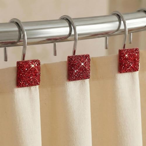 Red Bling Shower Curtain Hooks - Christmas Bathroom Rings, 12 pcs